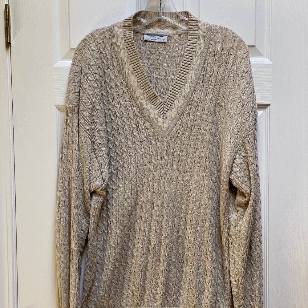 Tan V Neck Cable Knit Sweater